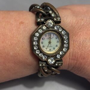 Cannes Bronze Tone MOP Crystal Link Bracelet Watch 7”